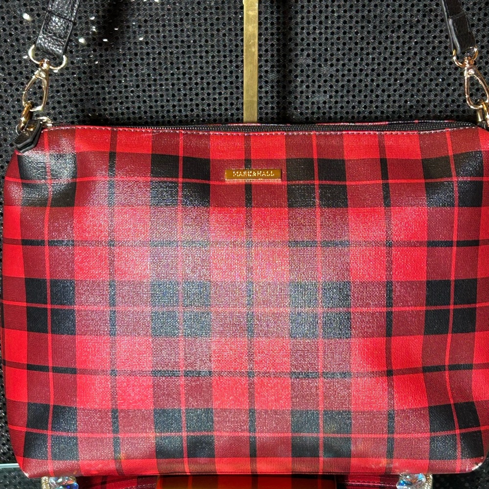 Mark & Hall 2fer Red and Black Plaid Bag 15” x 9” x 5” w/Wristlet